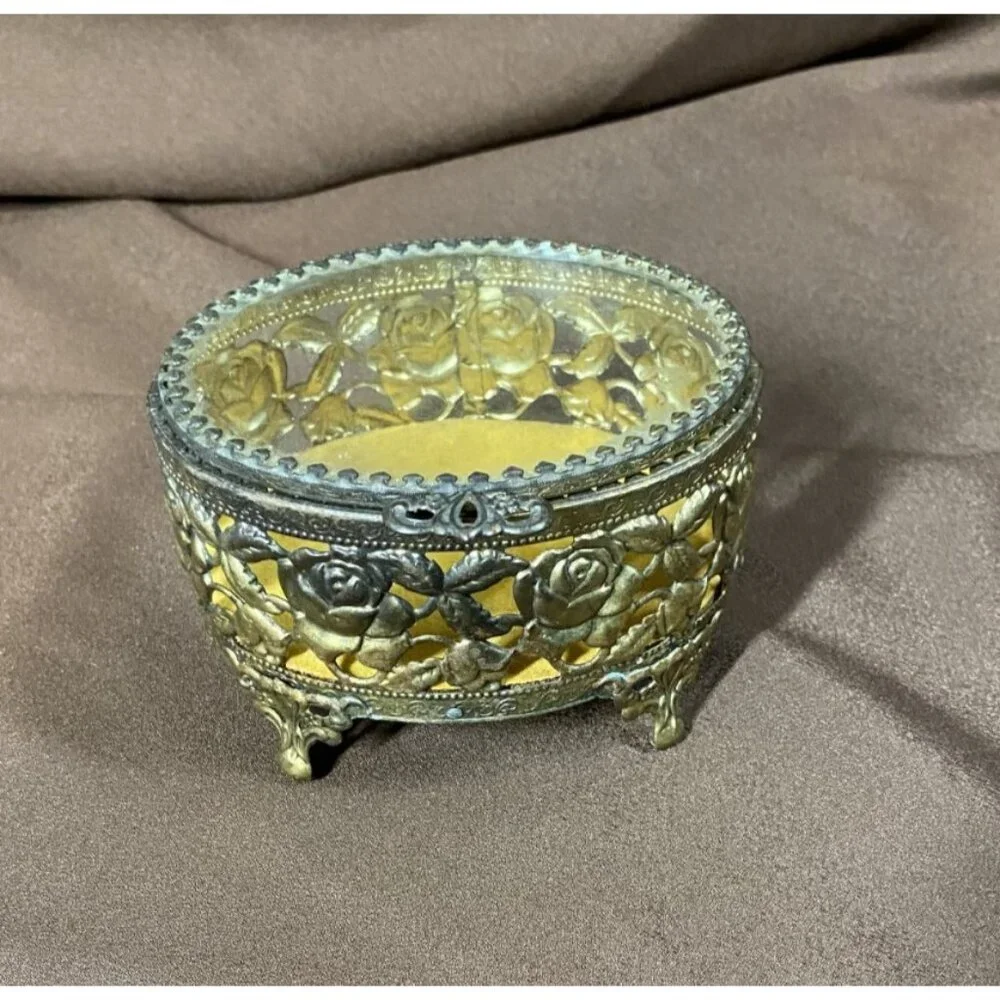 Vintage Ormulu Rose Filigree Footed Jewelry Box Oval Vanity Trinket Box